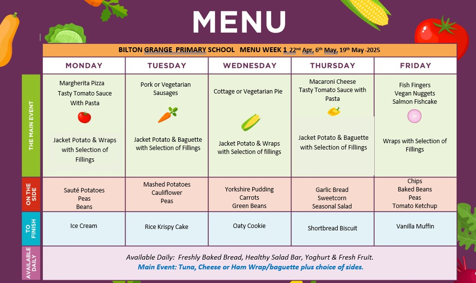 Bilton week 1 menu summer 2025